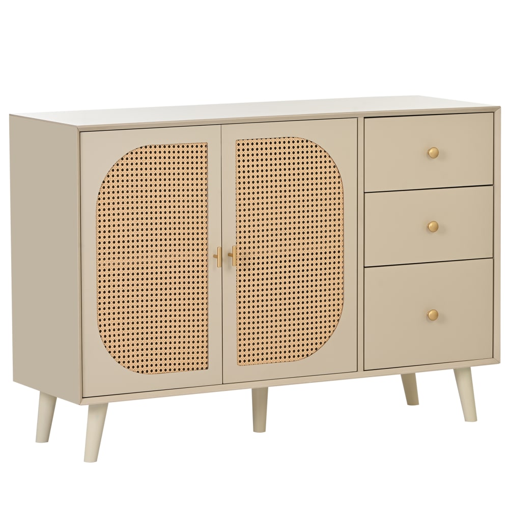 Buffet URBAN MEUBLE blanc cassé et rotin 120 cm avec 2 portes et 3 tiroirs