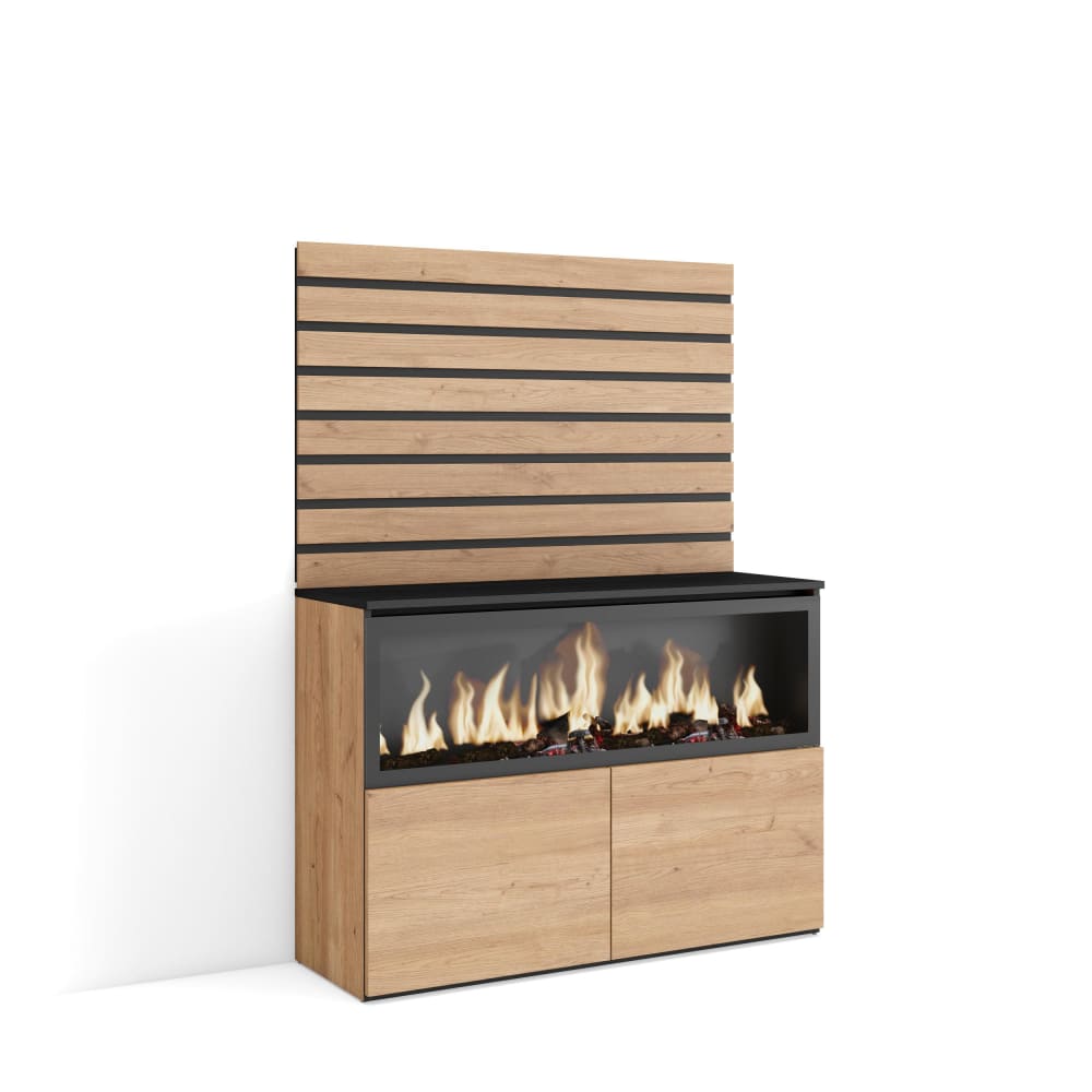 Buffet haut COZY effet chêne 107 cm avec panneau mural et foyer LED