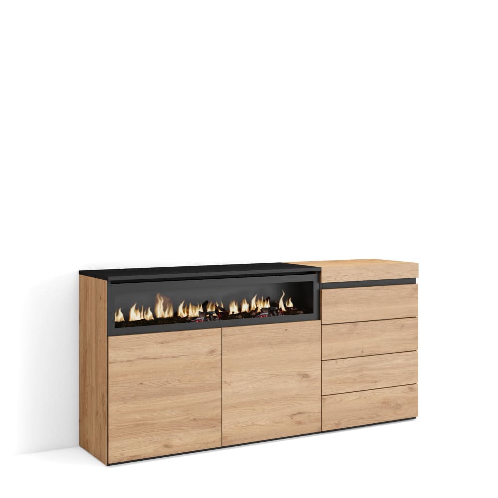 Buffet COZY effet chêne 157 cm avec cheminée LED 2 portes et 4 tiroirs