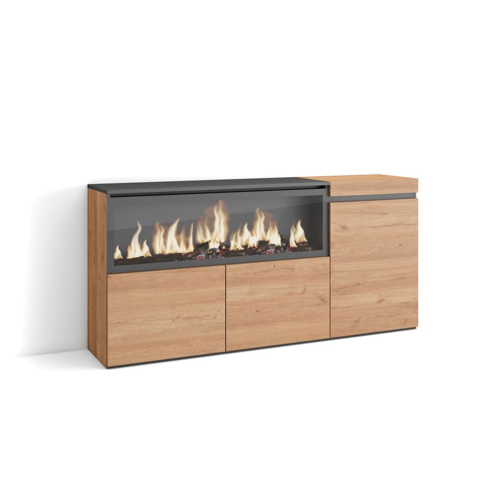 Buffet COZY effet chêne et noir 158 cm avec foyer LED XXL