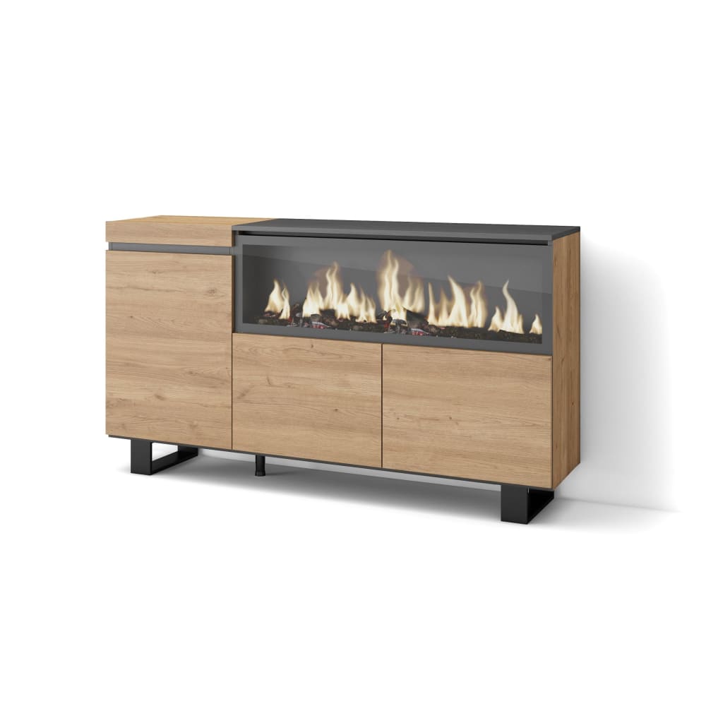 Buffet COZY effet chêne 158 cm avec foyer LED XXL et pieds
