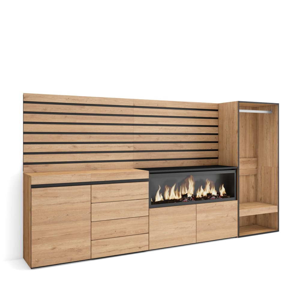 Grand buffet COZY effet chêne 274 cm avec cheminée et tiroirs