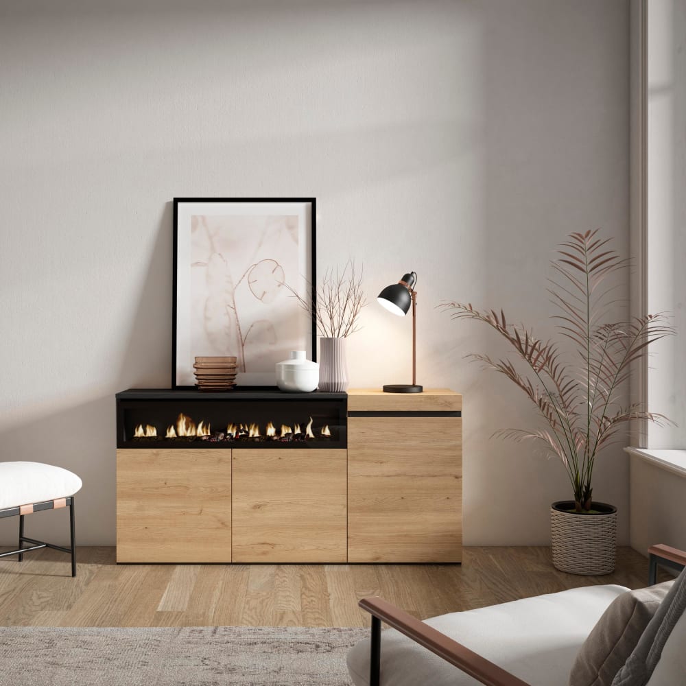 Détail de la flamme LED du buffet COZY
