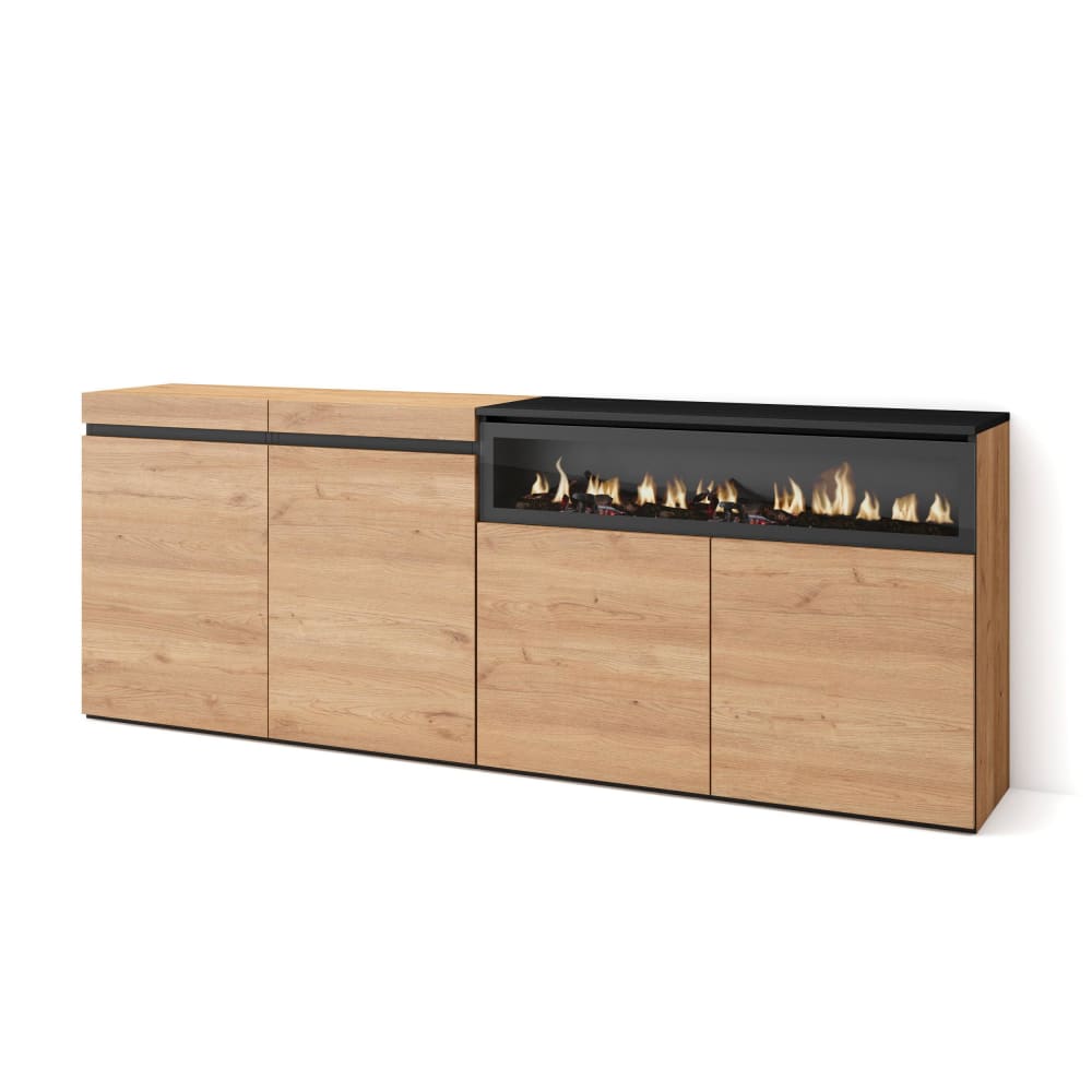 Buffet enfilade COZY effet chêne et noir 200 cm avec foyer LED