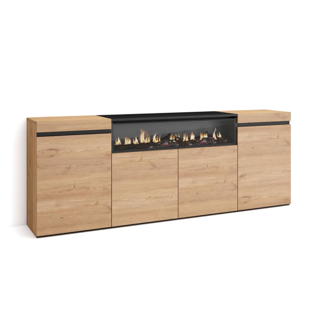 Grand buffet enfilade COZY chêne et noir 200 cm avec cheminée effet feu