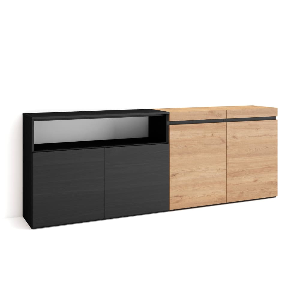 Buffet enfilade COZY effet chêne et noir 200 cm à 3 portes