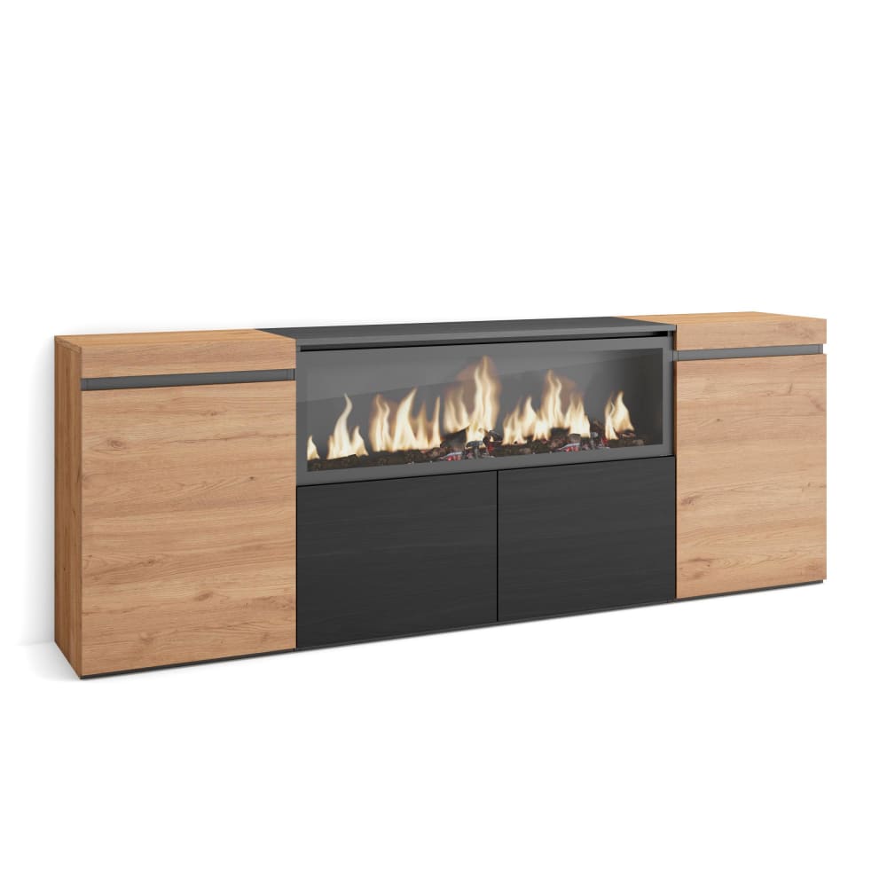 Buffet enfilade COZY effet chêne et noir 208 cm avec foyer LED XXL
