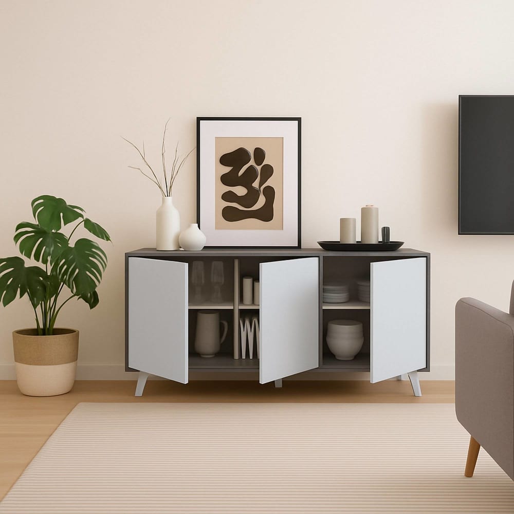Détail de la finition gris clair du buffet ANNINA