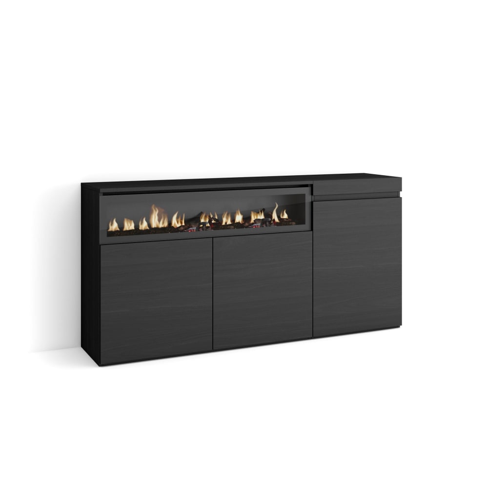 Buffet bahut COZY noir 150 cm avec foyer LED effet feu