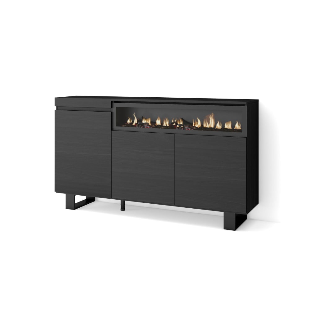 Buffet COZY noir 150 cm avec cheminée LED et pieds métal