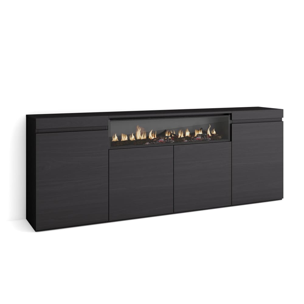 Grand buffet COZY noir avec cheminée électrique 200 cm