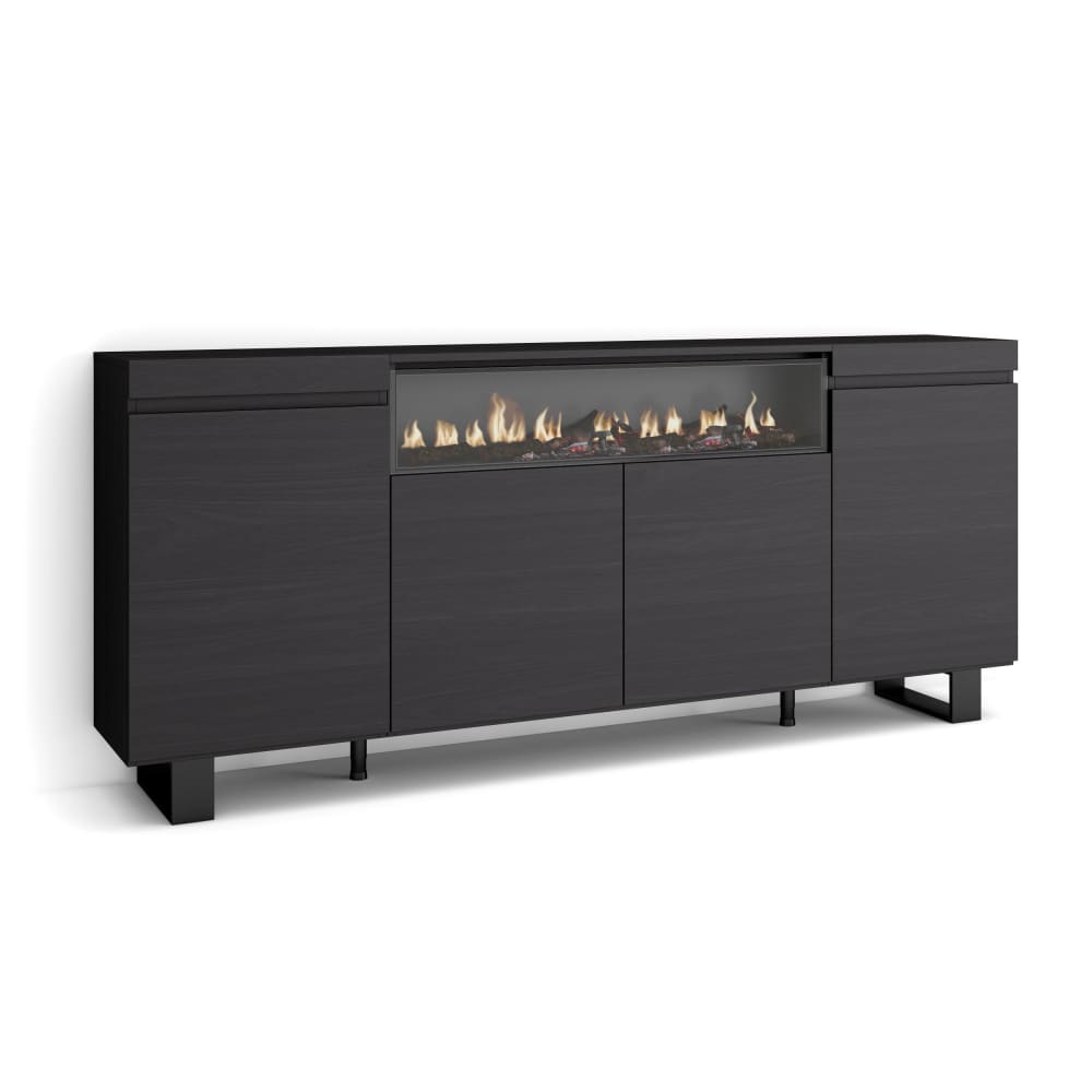 Buffet bahut COZY noir 200 cm avec cheminée LED et pieds industriels