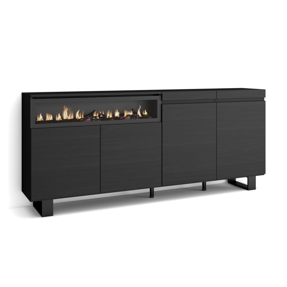 Buffet enfilade COZY noir 200 cm avec cheminée effet feu et pieds métal