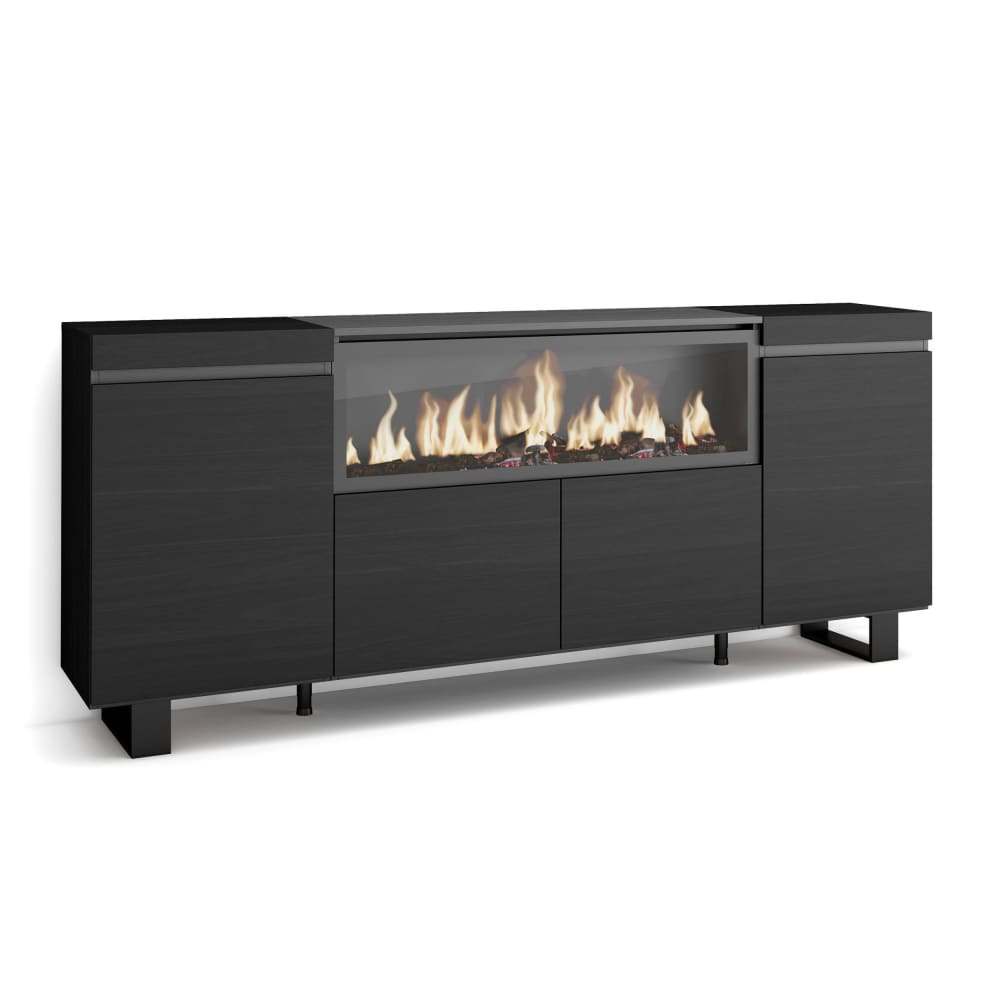 Grand buffet XXL COZY noir 208 cm avec cheminée LED et pieds bois