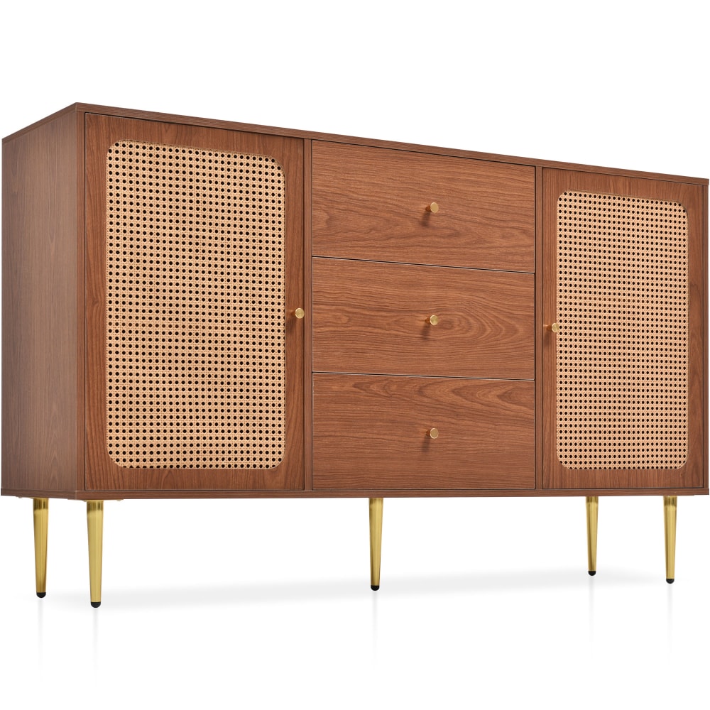 Buffet URBAN MEUBLE effet noyer et rotin 150 cm avec 2 portes et 3 tiroirs