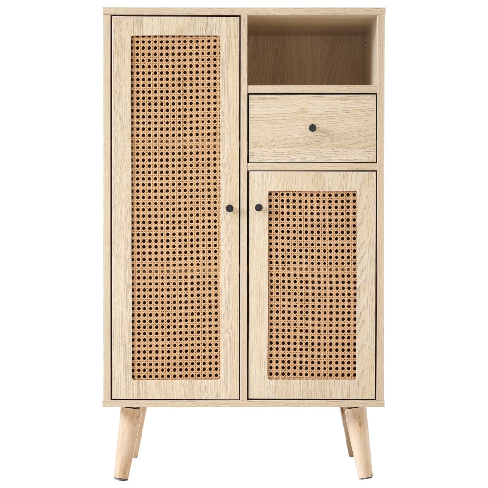 Petit buffet haut URBAN MEUBLE effet chêne 60 cm avec portes en rotin tressé