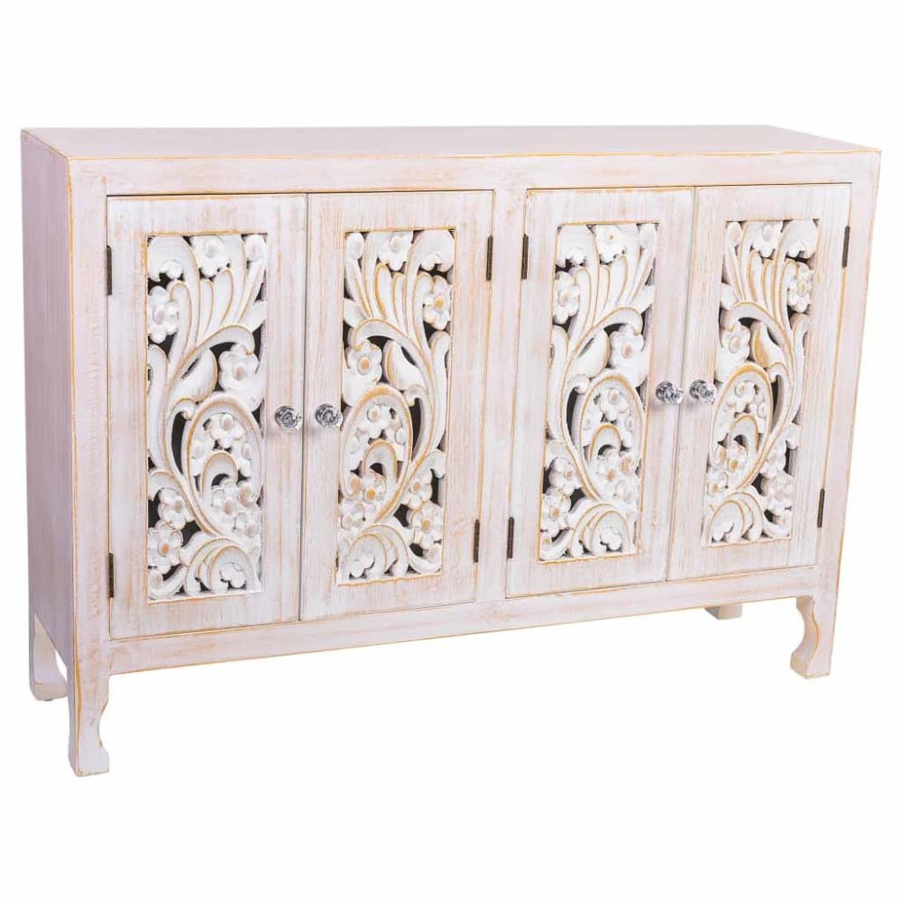 Buffet bahut WANDERLUST DECO blanc vieilli 4 portes sculptées 100 cm