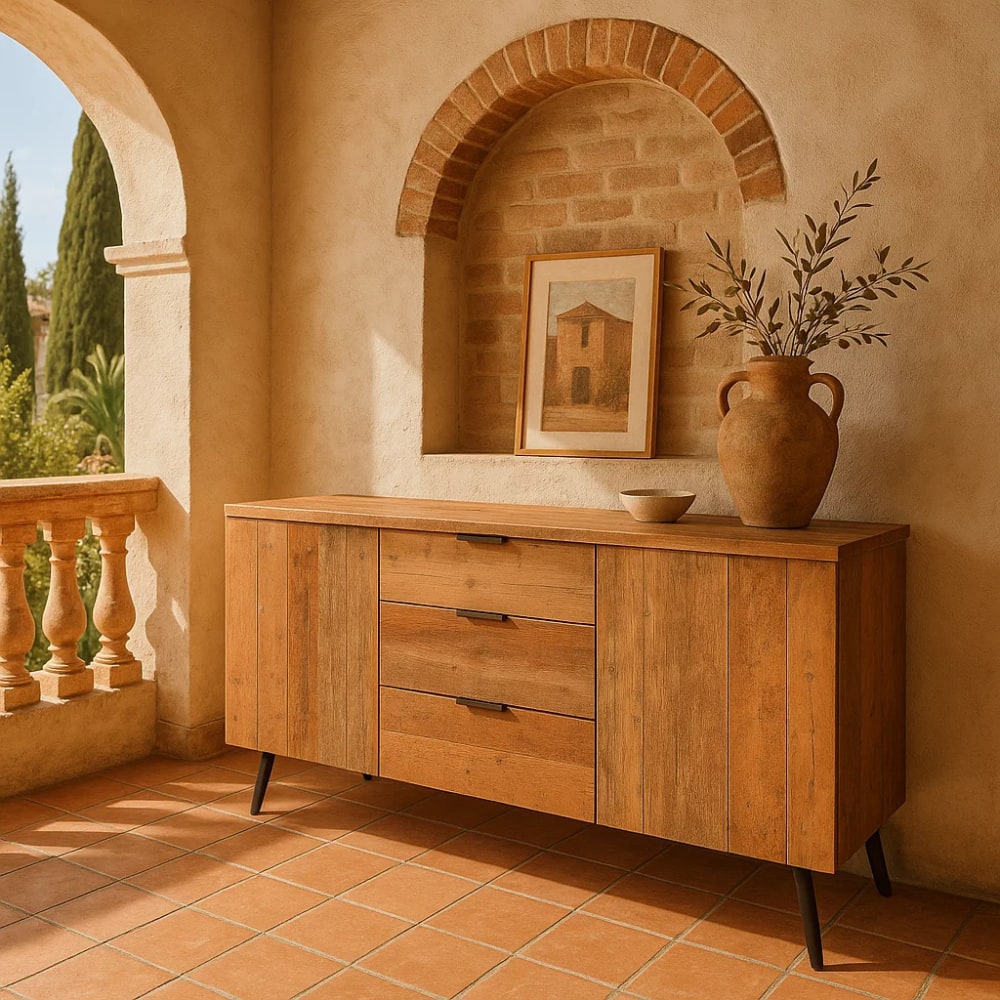 Buffet URBAN MEUBLE tiroirs ouverts et pieds en métal noir
