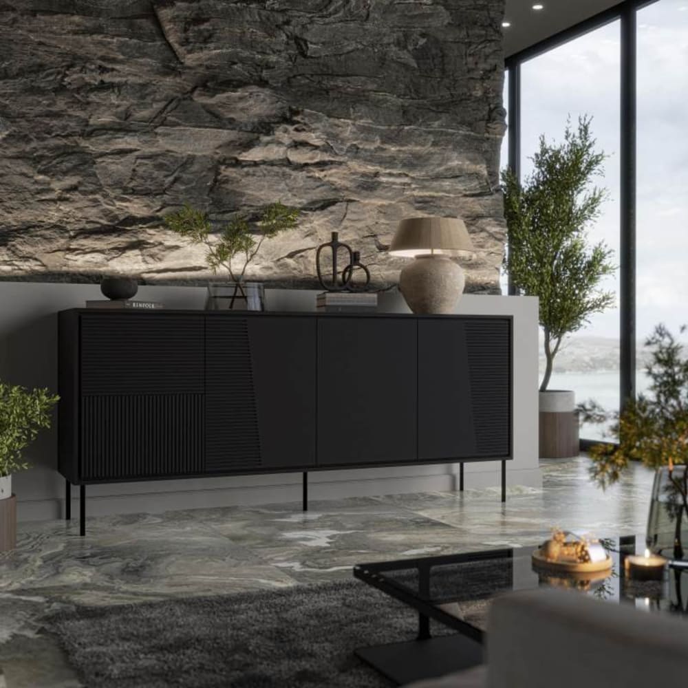 Détail des pieds en acier noir du buffet ULA