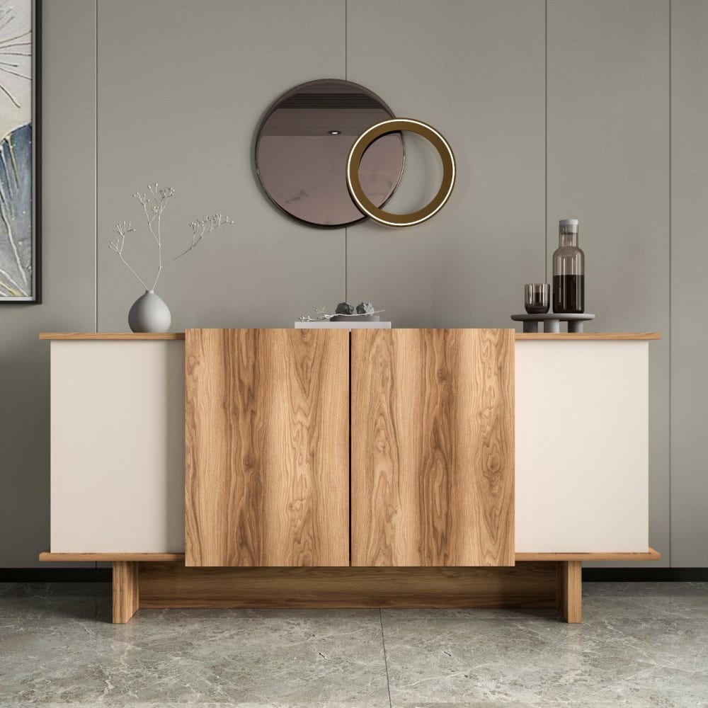 Détail du décor effet bois beige du buffet DIANA