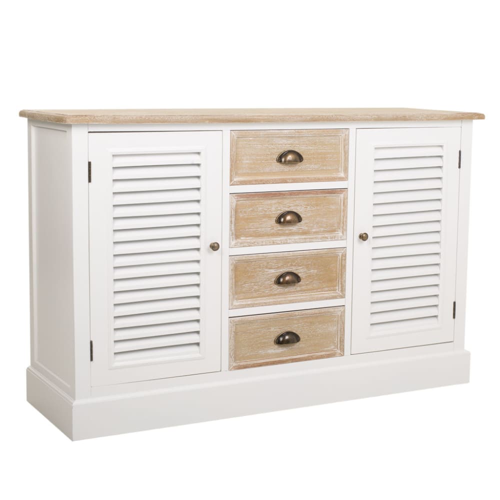 Buffet provençal GLOMMA blanc et bois 124 cm avec 2 portes et 4 tiroirs