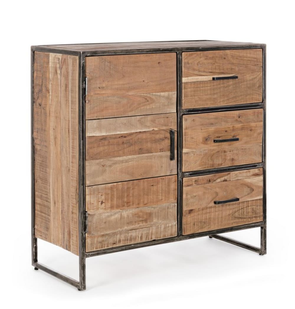 Petit buffet ELMER en acacia et acier 90 cm avec 3 portes et 3 tiroirs