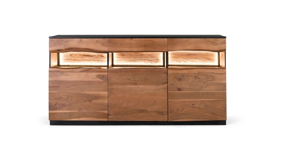 Buffet enfilade IMPHAL en acacia massif noir et naturel 180 cm avec éclairage intérieur