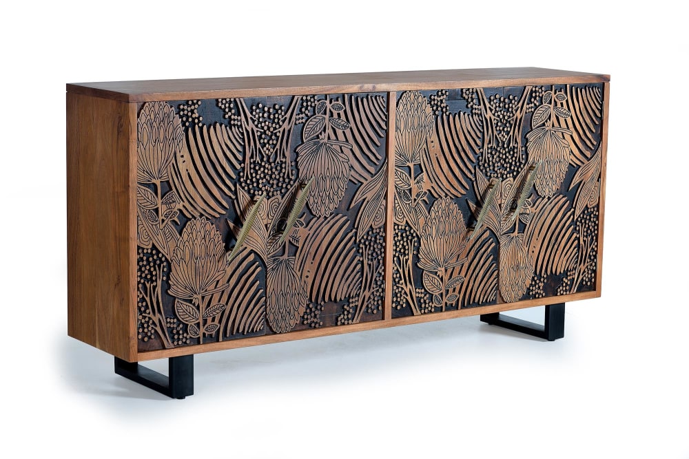 Grand buffet TROPICANA en acacia massif 190 cm aux portes sculptées à la main