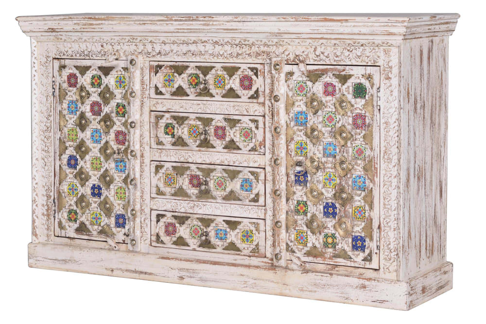 Buffet bahut BAKHRA en manguier blanc patiné 150 cm