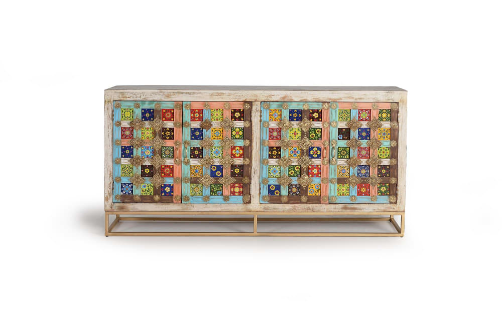 Grand buffet SERALINE en manguier et faïence 180 cm à 4 portes