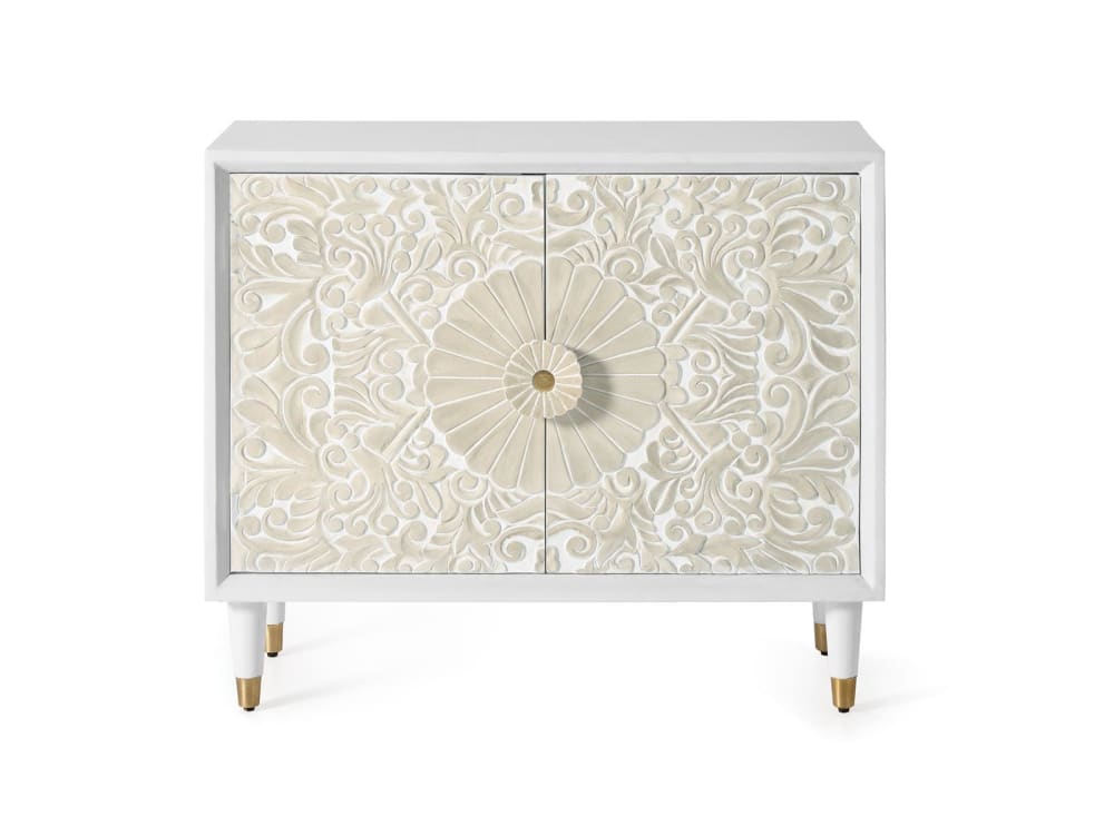 Petit buffet BALI en manguier blanchi sculpté 90 cm