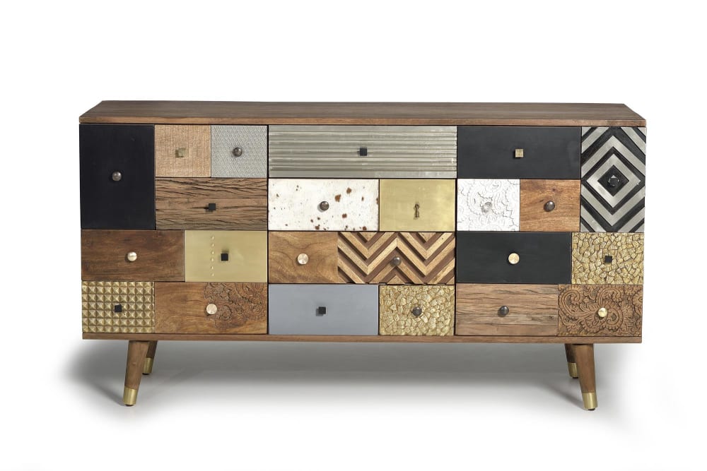 Buffet MUMBAI en manguier massif 150 cm avec 2 portes et 4 tiroirs multicolores