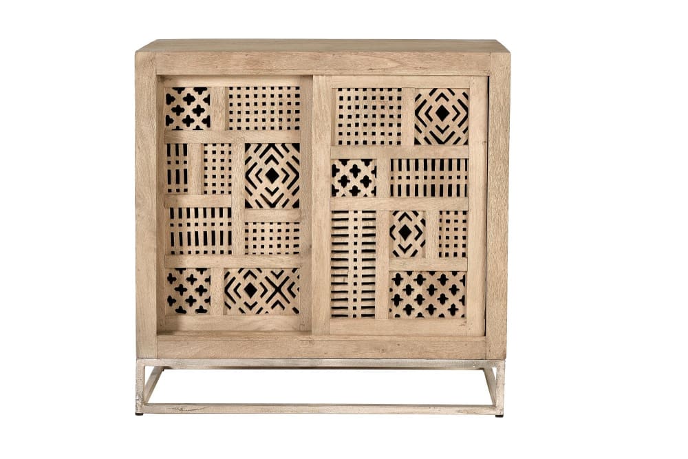 Petit buffet GINER Y COLOMER en manguier à portes coulissantes sculptées 90 cm