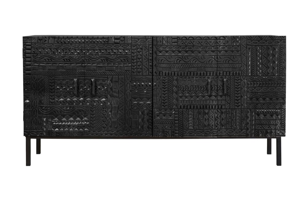 Grand buffet JEROGLIFICO en manguier sculpté et métal noir 180 cm