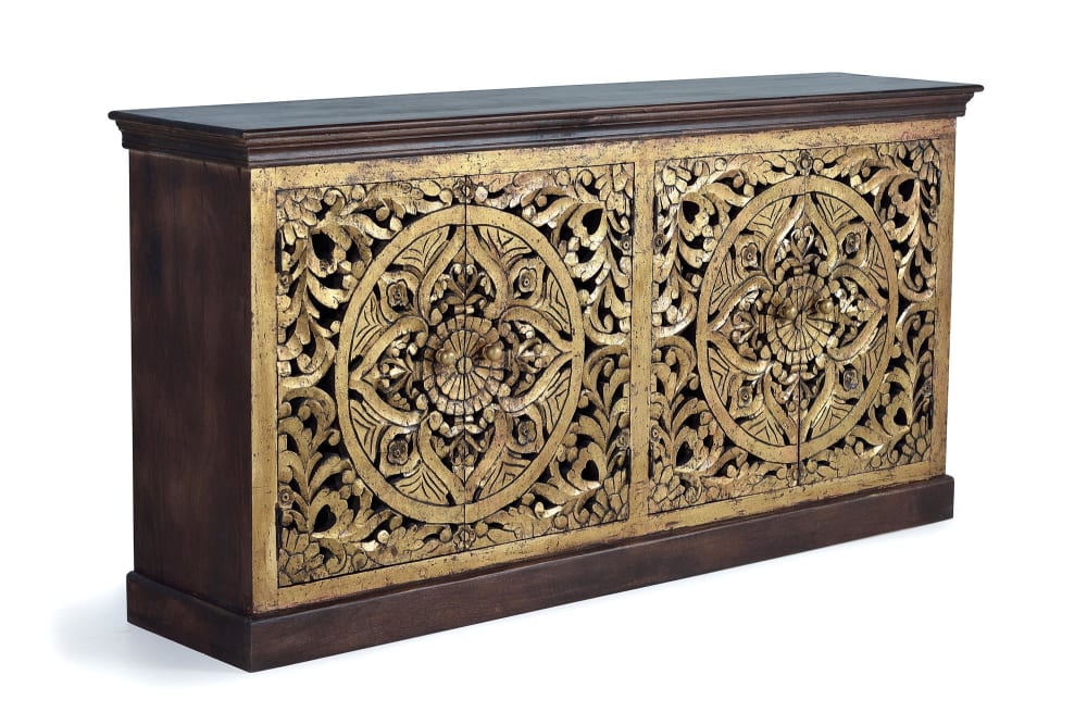 Buffet bahut NOELIA en manguier sculpté et feuille d'or 180 cm