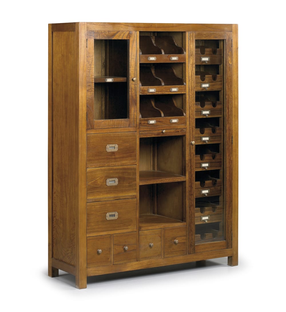 Buffet haut STAR en bois de mindi marron 155 cm avec 7 tiroirs et porte-bouteilles