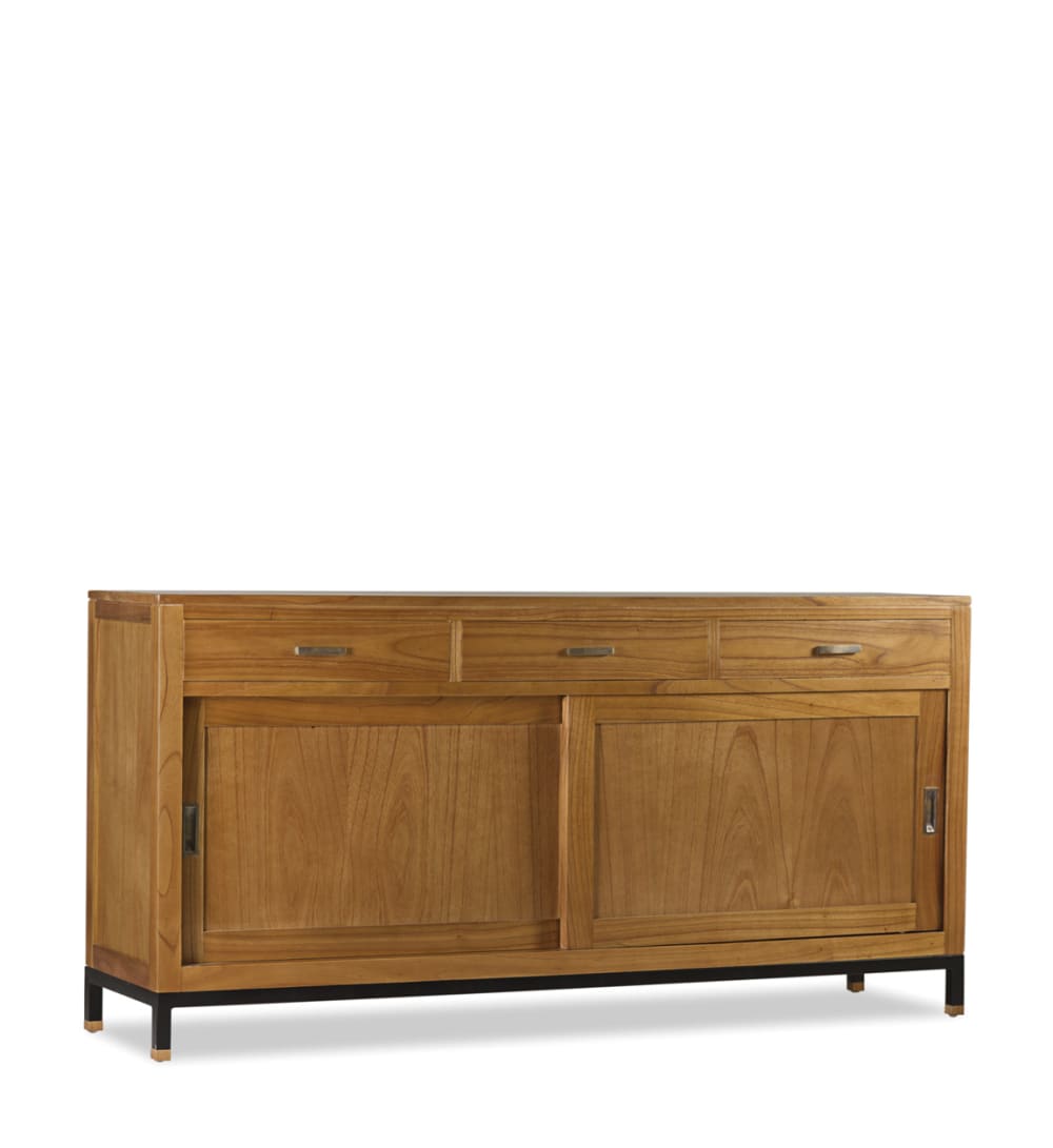 Buffet industriel MADHU en mindi marron 180 cm avec pieds en métal noir et portes coulissantes