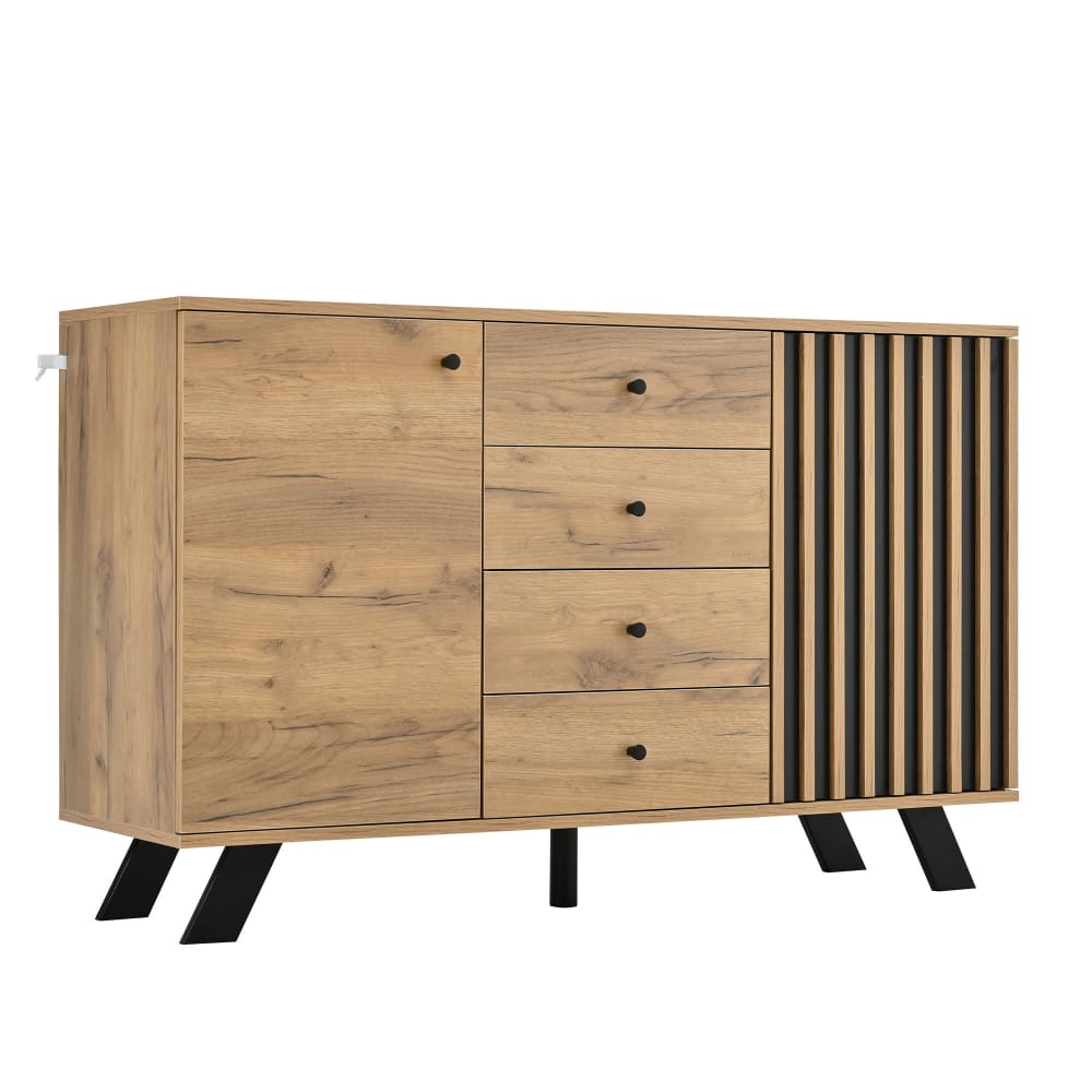 Buffet bas URBAN MEUBLE effet chêne et noir 120 cm avec 4 tiroirs et 2 portes