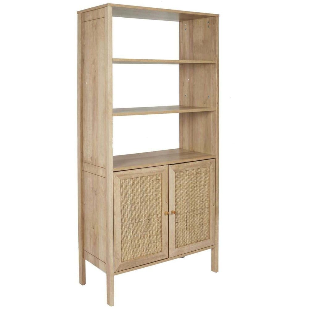 Buffet haut BALI en bois clair et rotin tressé 80 cm à 2 portes