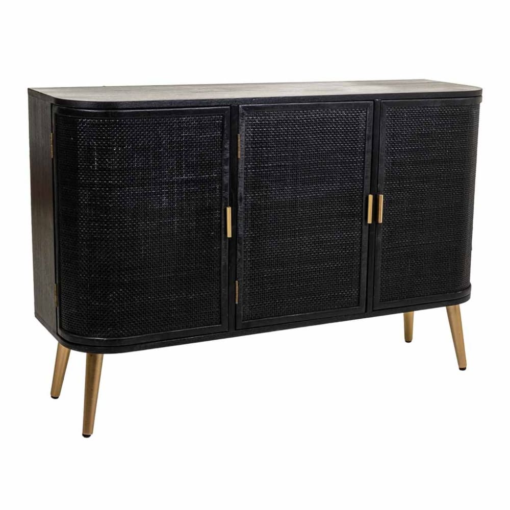 Buffet ELEK 3 portes en cannage noir et pieds dorés 118 cm