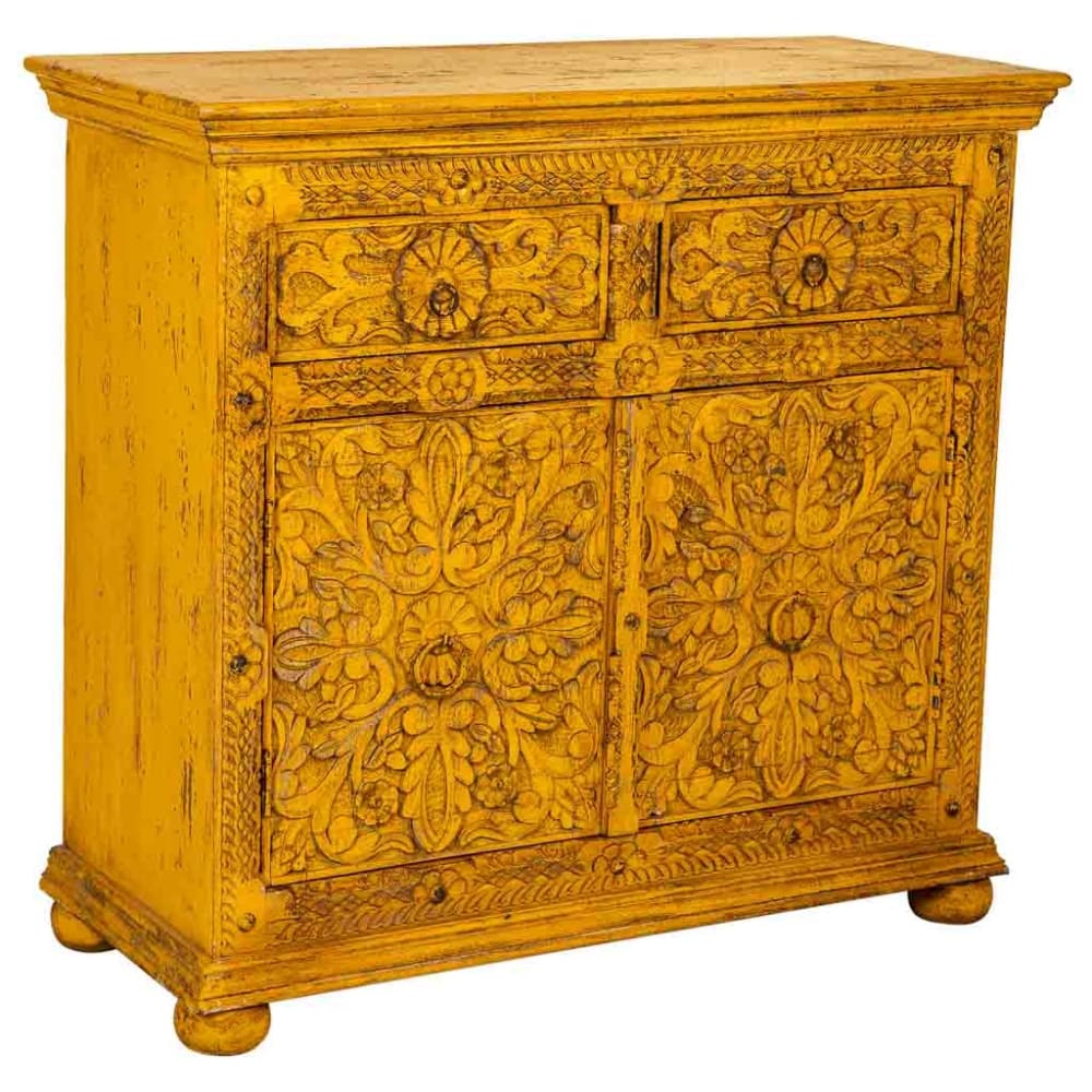 Petit buffet WANDERLUST DECO en bois jaune 90 cm avec 2 portes et 2 tiroirs