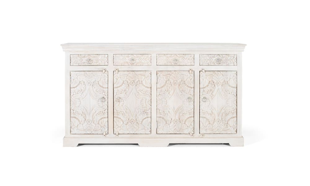 Grand buffet OLENIE en manguier blanc vieilli 4 portes et 4 tiroirs 180 cm