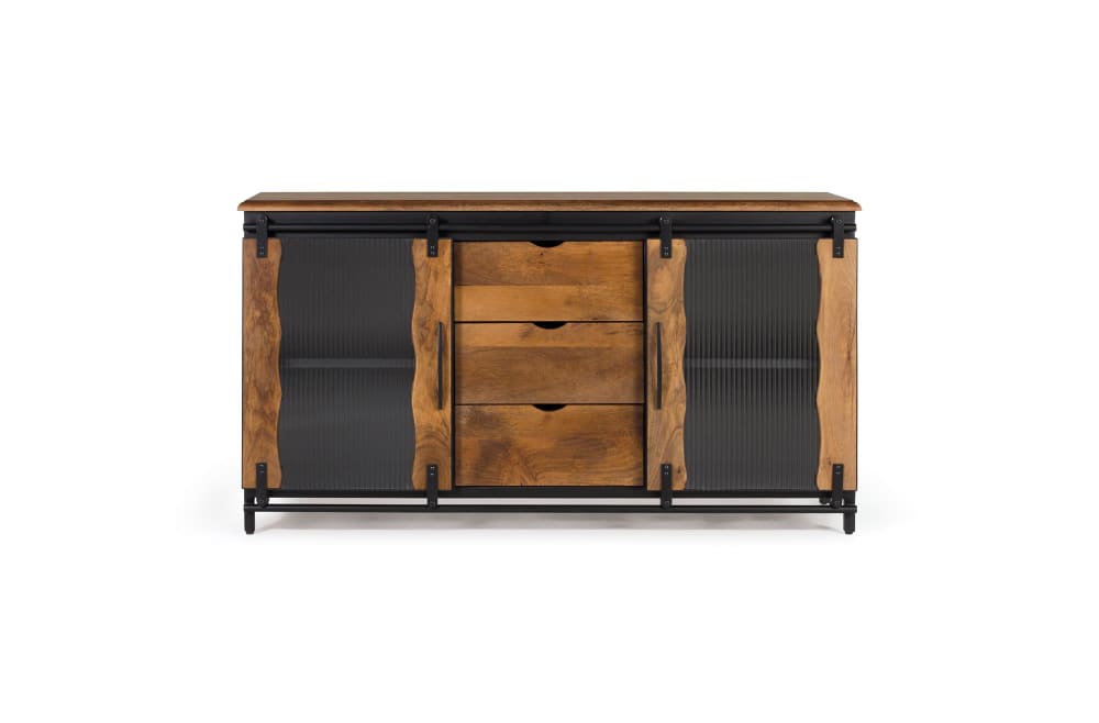 Buffet industriel ZANZIBAR en manguier et métal noir 150 cm avec portes coulissantes