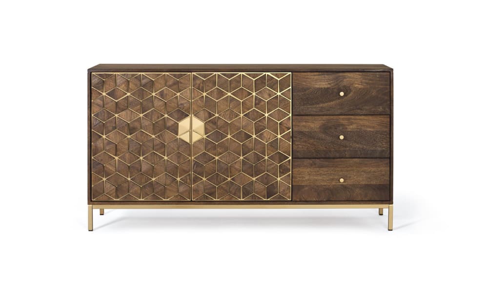 Buffet enfilade BORA BORA en manguier massif et métal doré 145 cm