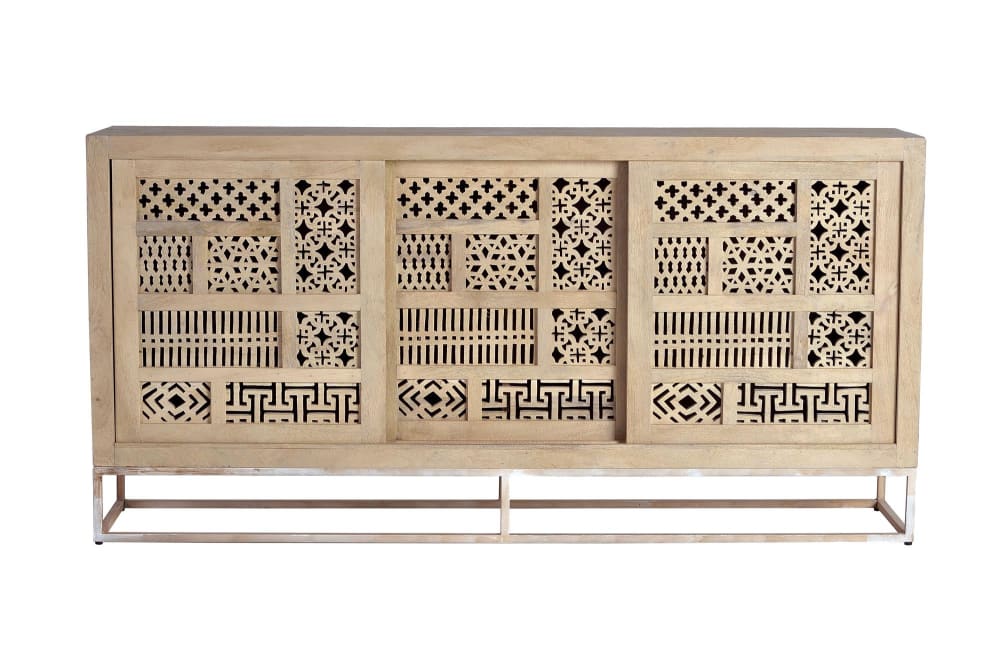 Grand buffet GINER Y COLOMER en manguier massif 190 cm avec 3 portes coulissantes sculptées