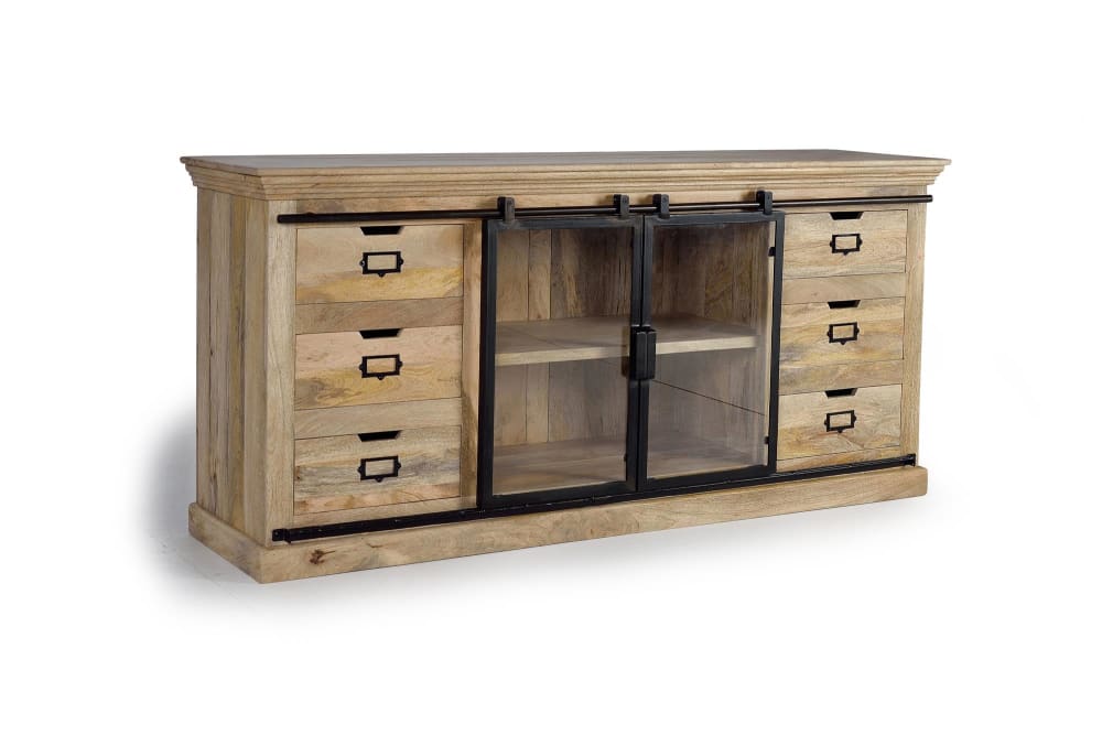 Buffet bahut XERINE en manguier et noir 180 cm avec 6 tiroirs et 2 portes coulissantes
