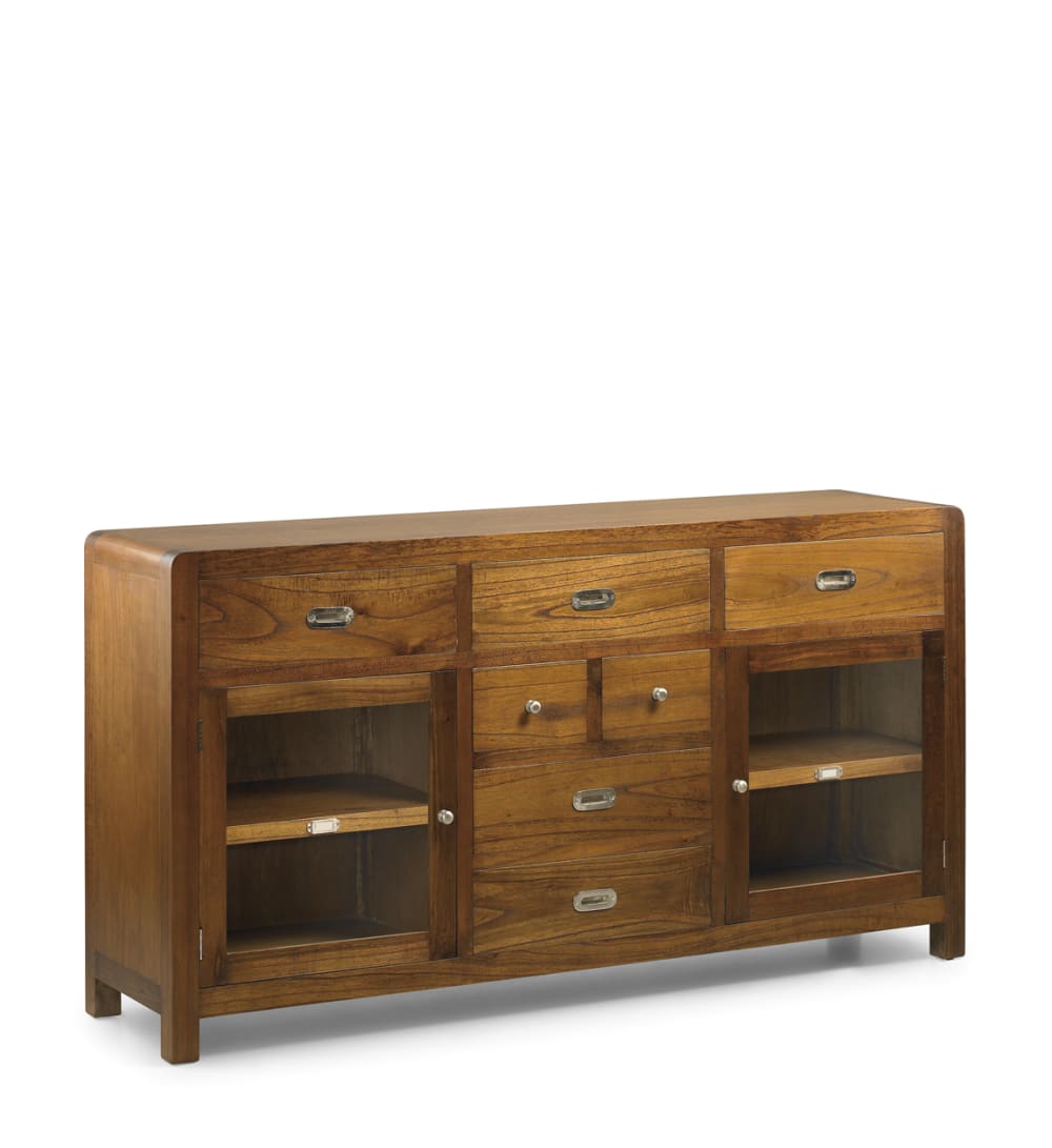 Buffet vitrine FLASH en bois de mindi 160 cm avec 7 tiroirs
