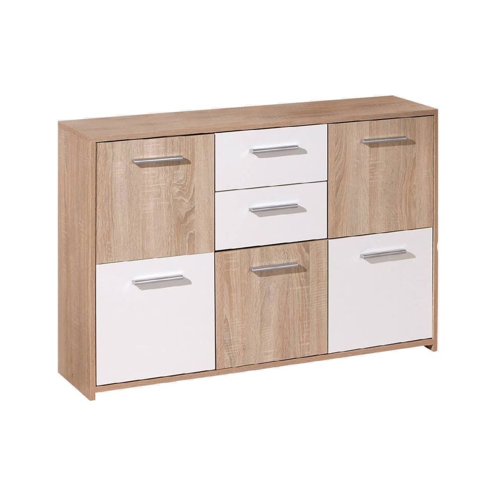 Buffet de cuisine DMORA blanc et chêne 115 cm avec 5 portes