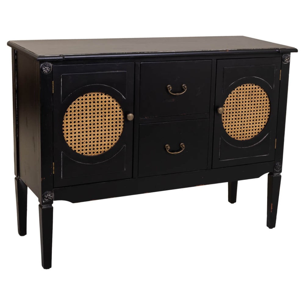 Buffet GAULA noir vieilli 106 cm avec 2 portes en rotin et 2 tiroirs