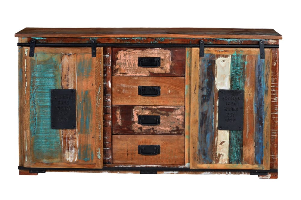 Buffet bahut BANGKOK en bois recyclé multicolore 150 cm avec portes coulissantes